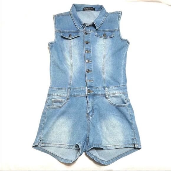Y2K Denim Romper Jumpsuit Shorts Sleeveless Stretch Button Up Collared Size M - Picture 14 of 14